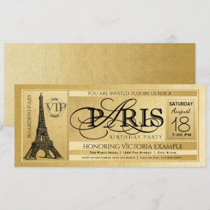 Convite de Aniversário de Paris Bilhete Dourado de