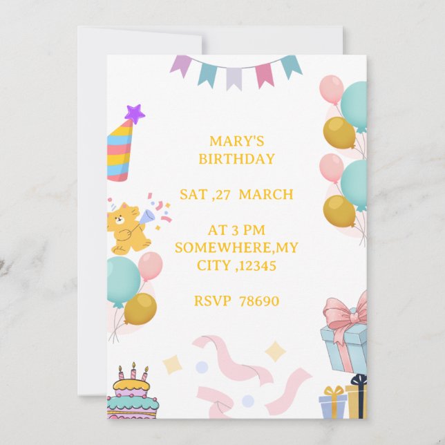 Convite de Aniversário de Pastel Fofo para Criança (Frente)
