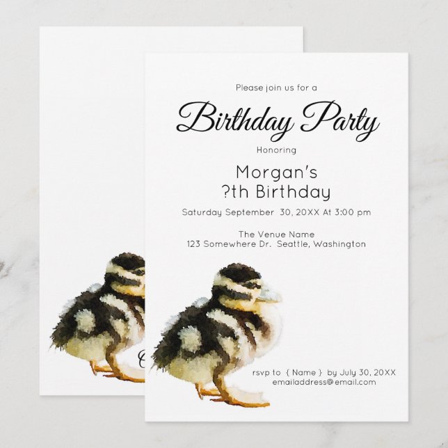 Convite de Aniversário de Pato Bebê em Aquarela (Frente/Verso)