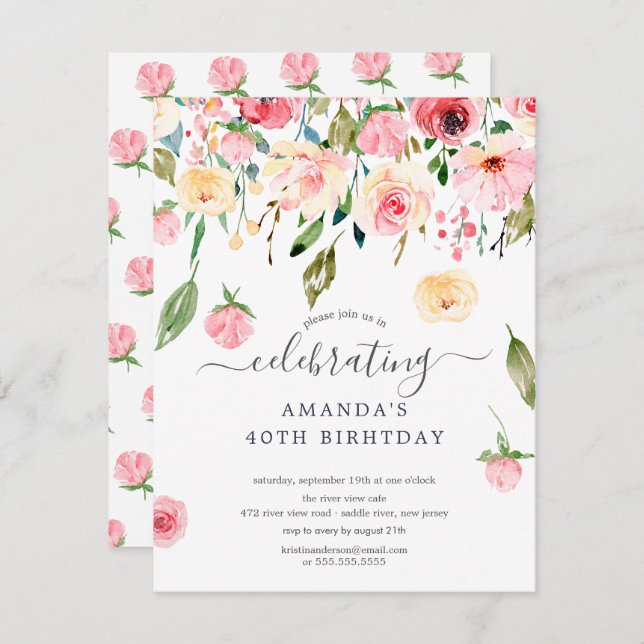 Convite de aniversário de Peonies Rosa Floral (Frente/Verso)