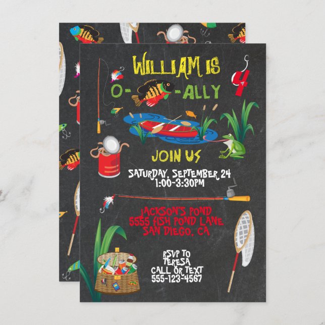 Convite de aniversário de pesca (Frente/Verso)