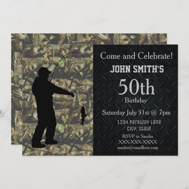 Convite de Aniversário de Pesca Adulta de Camo (Frente/Verso)