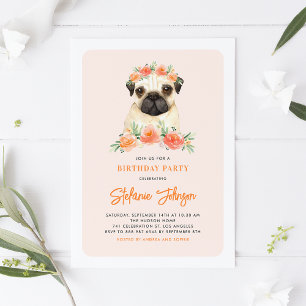 Convite de Aniversário de Pessegueira Pug Peach