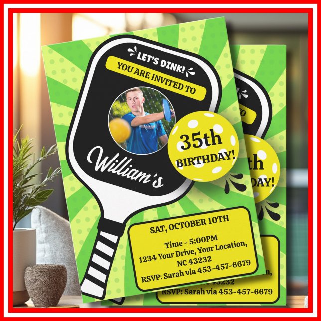 Convite de Aniversário de Pickleball RETRO Verde F (Pickleball Birthday RETRO Green Stripes Sports PHOTO Invitation )