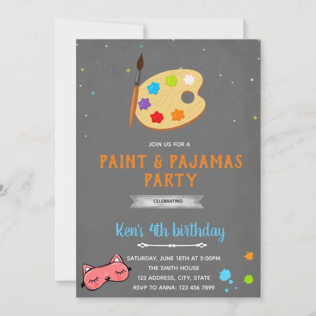 Convite de aniversário de pijamas e pintura (Frente)