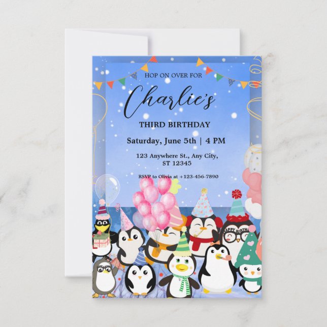 Convite de aniversário de pinguim para criança (Frente)