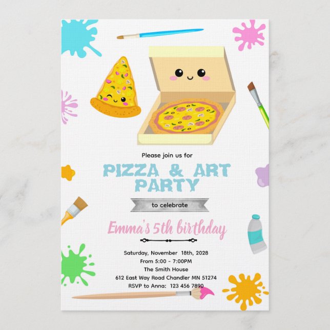 Convite de Aniversário de Pintura e Pizza (Frente)