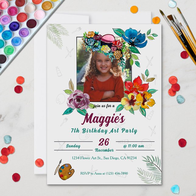 Convite de aniversário de Pintura em Bonita (Cute playful watercolor flowers and a hat photo art girl's birthday party invitation.)