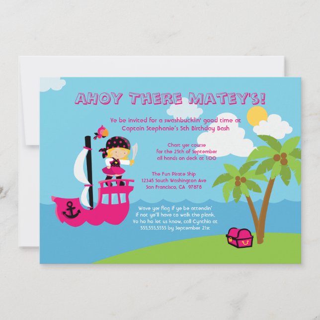 convite de aniversário de pirata de menina rosa (Frente)