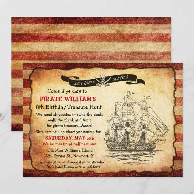 CONVITE DE ANIVERSÁRIO DE PIRATA VINTAGE PARA QUAL (Frente/Verso)