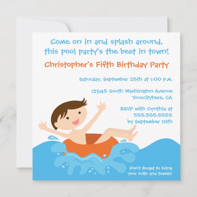Convite de aniversário de piscina de um rapaz da e (Frente)