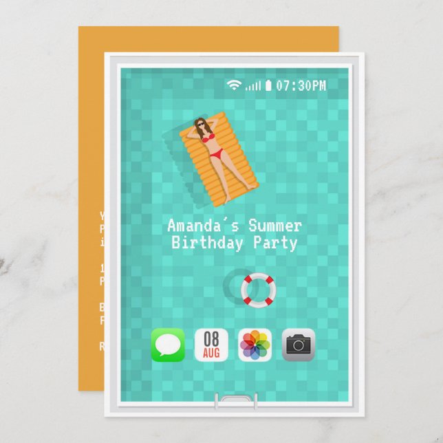 Convite de aniversário de Piscina de Verão (Frente/Verso)
