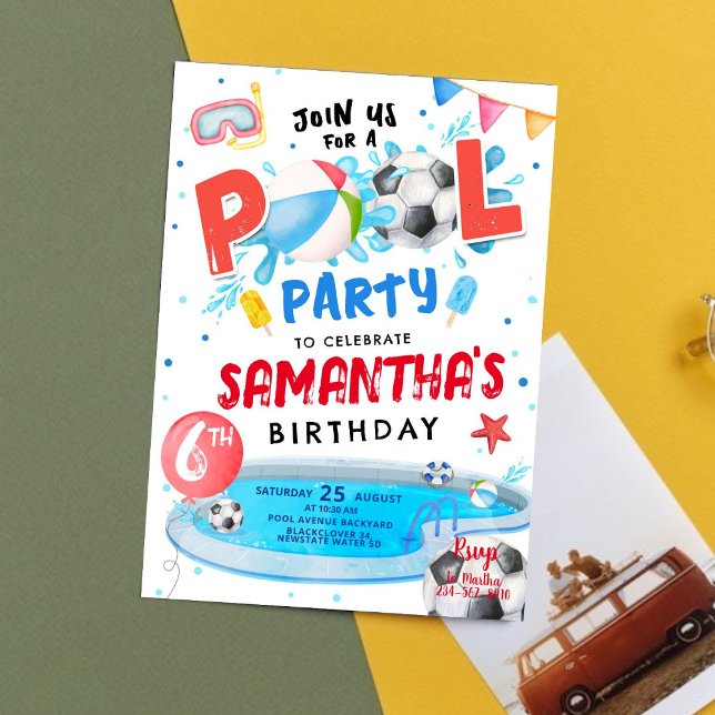 Convite de aniversário de Piscina Editável (Editable Pool Party Birthday Party Invitation)