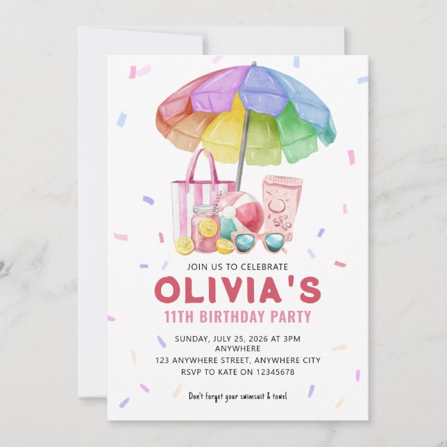 Convite de Aniversário de Piscina em Aquarela (Frente)