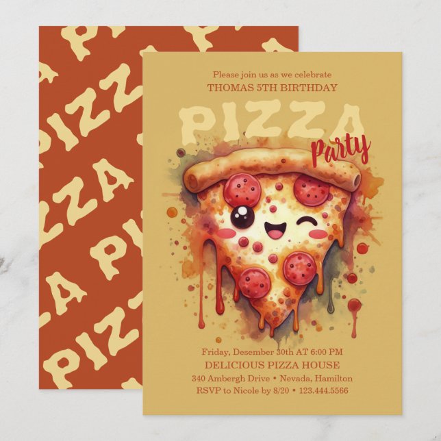 Convite de aniversário de pizza (Frente/Verso)