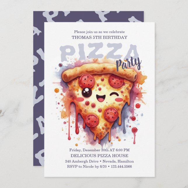 Convite de aniversário de pizza (Frente/Verso)