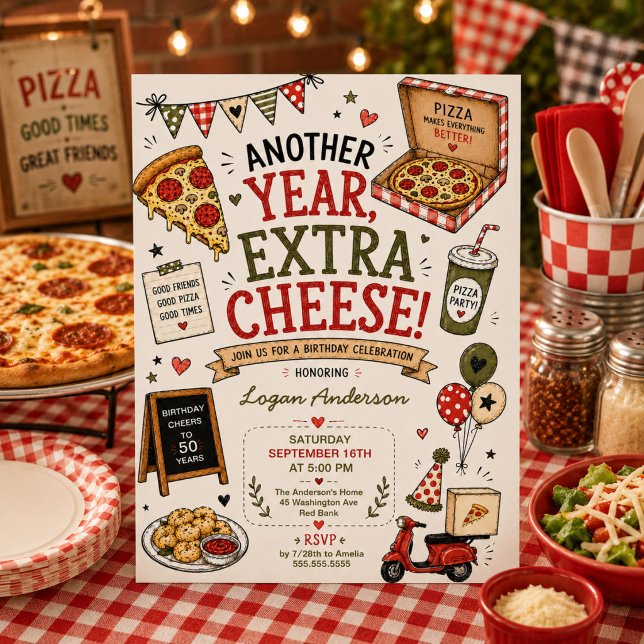 Convite de Aniversário de Pizza Desenhado à Mão (Criador carregado)