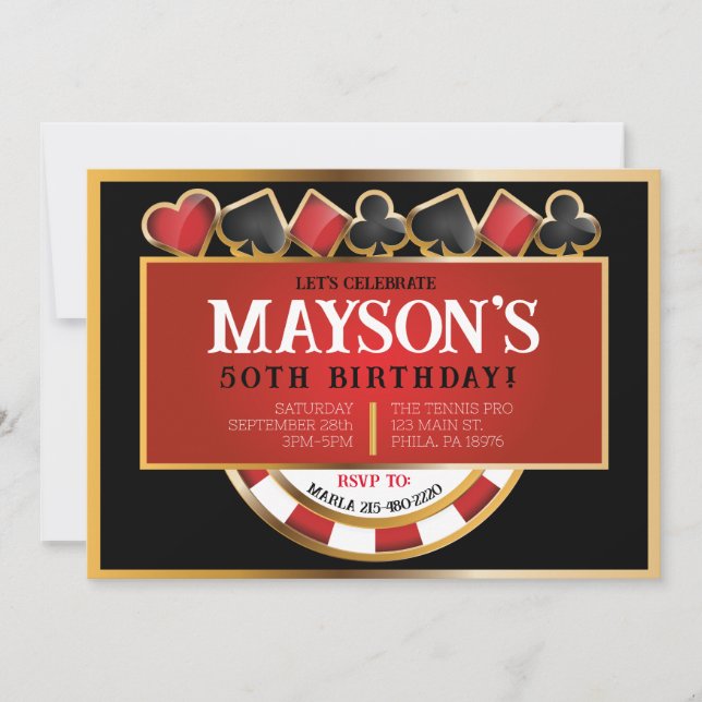 CONVITE DE ANIVERSÁRIO de placas de POKER CASINO (Frente)