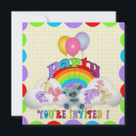 Convite de Aniversário de Plushie Animal Kid<br><div class="desc">Brilho e Cheery - gingham amarelo com pontos coloridos no arco-íris ao redor do cartão - uma nuvem pufa com animais plushie todos se divertindo - o pequeno carneiro pelúcia no meio com seus balões de festa. Personalizável e pode ser usado para a festa de aniversário de menino ou menina....</div>