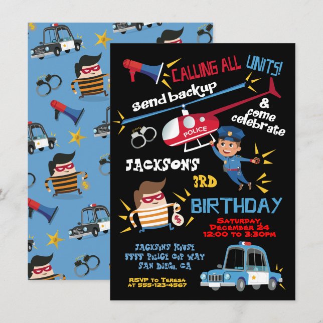 Convite de aniversário de policiais e ladrões (Frente/Verso)