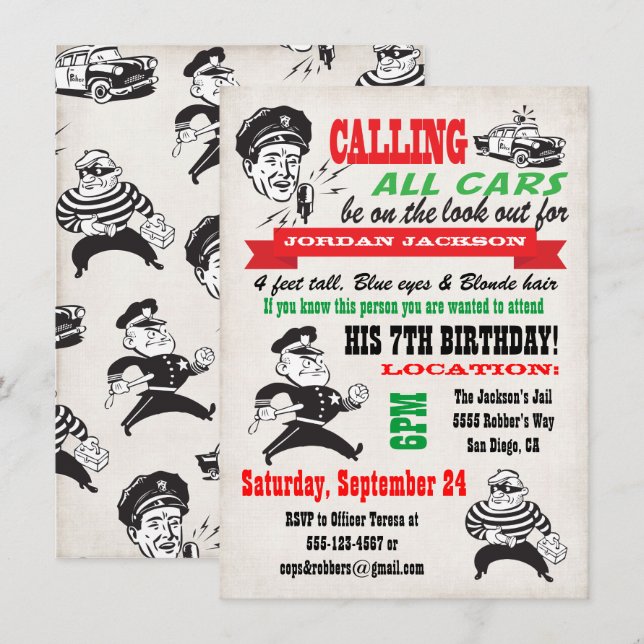 Convite de aniversário de policiais e ladrões (Frente/Verso)