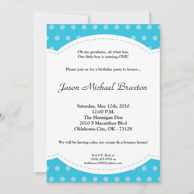 Convite de aniversário de Polkadot Azul 5x7 (Frente)