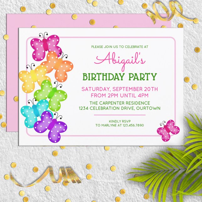 Convite de aniversário de Polkadot-Borboleta Rosa (Criador carregado)