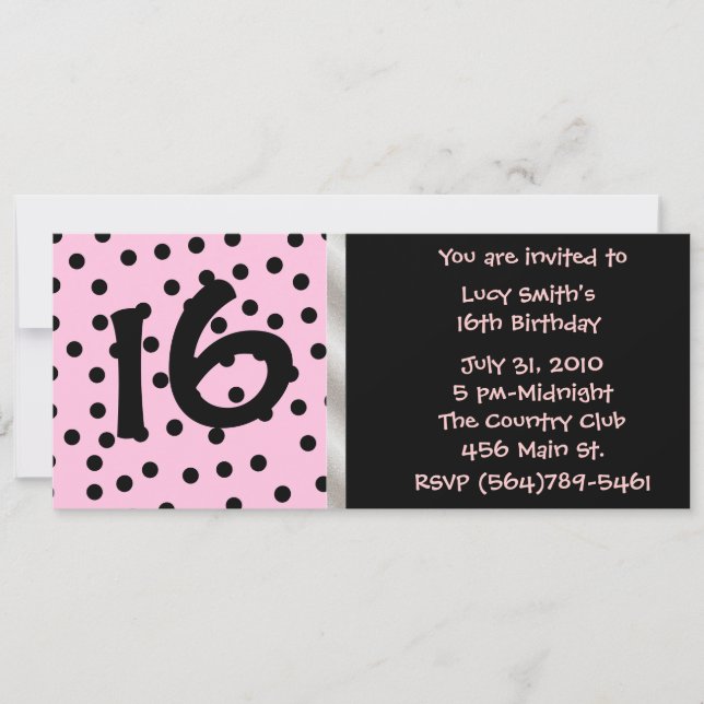 Convite de Aniversário de Polkadot Preto e Rosa (Frente)
