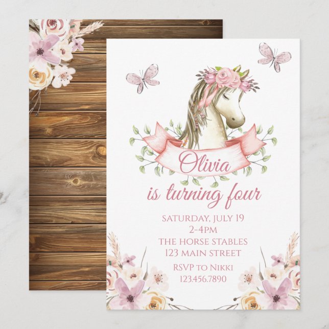 convite de aniversário de pônei bonito floral boho (Frente/Verso)