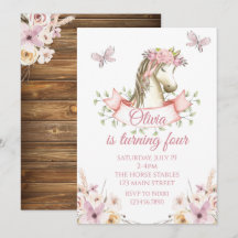 convite de aniversário de pônei bonito floral boho