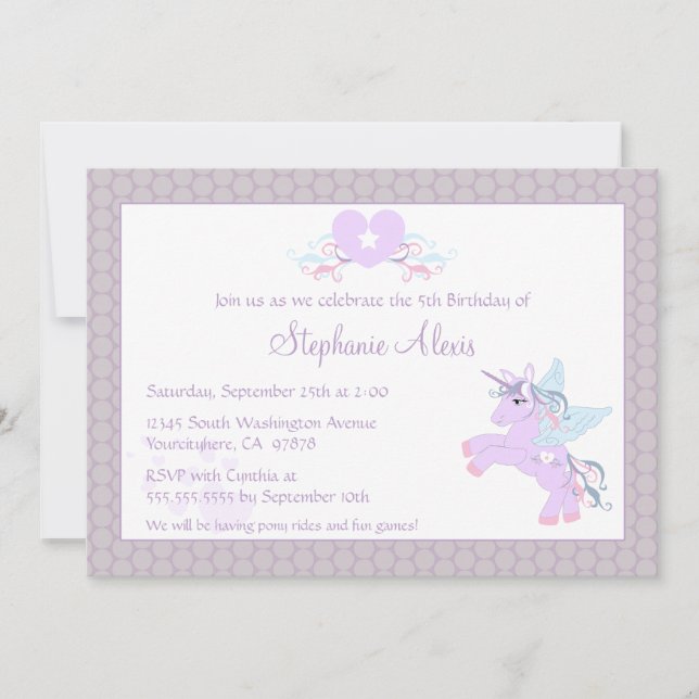 convite de aniversário de pônei de unicórnio roxo  (Frente)