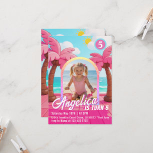 Convite de Aniversário de Praia de Moda Rosa Bonec