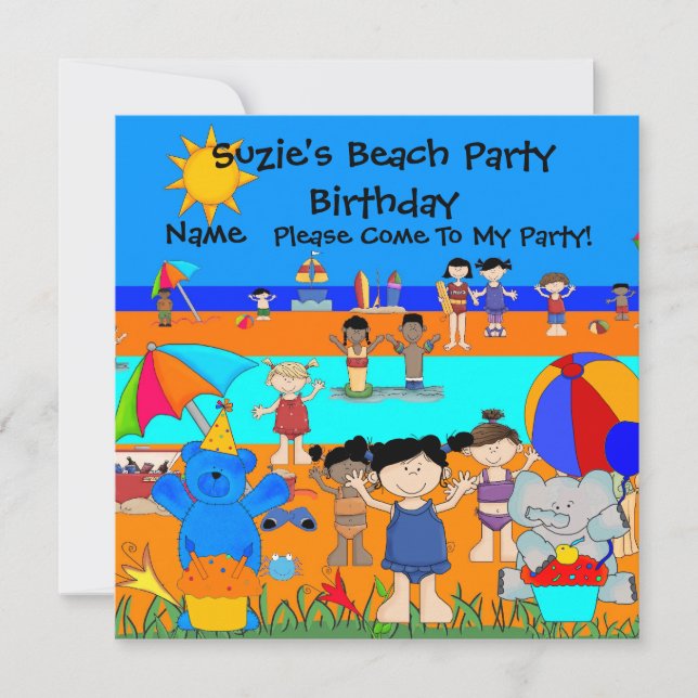 Convite de Aniversário de Praia para Meninas Crian (Frente)