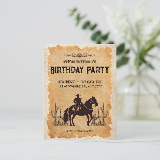 Convite de Aniversário de Primeiro Ano de Cowboy W (Em pé/Frente)