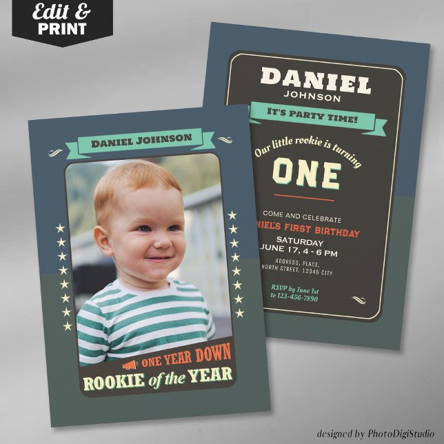 Convite de Aniversário de Primeiro Ano do Novato d (Editable Rookie of the Year 1st Birthday Party Invitation trading Card)
