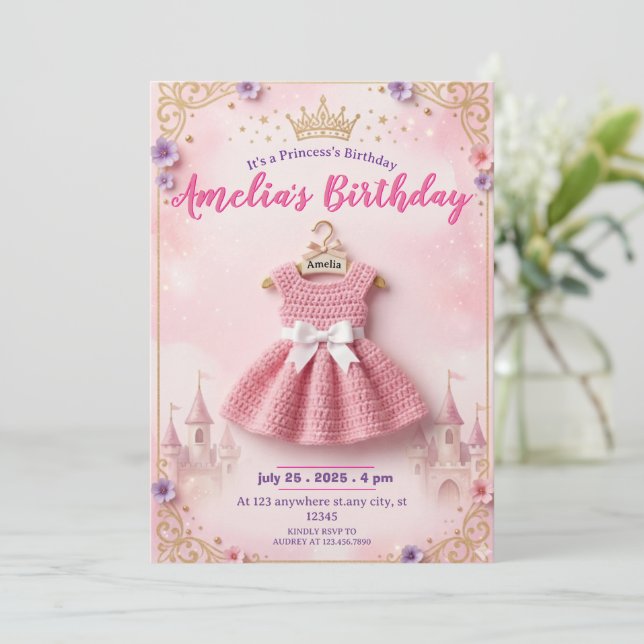 Convite de Aniversário de Princesa com Vestido de  (Em pé/Frente)