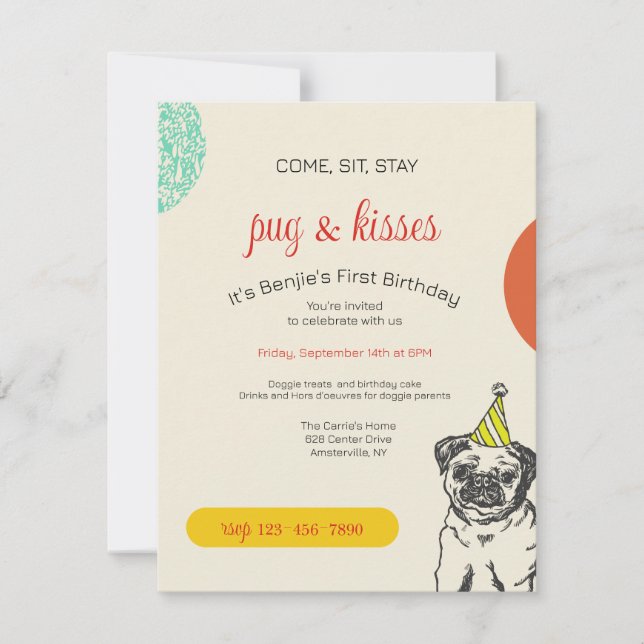 Convite de Aniversário de Pug (Frente)