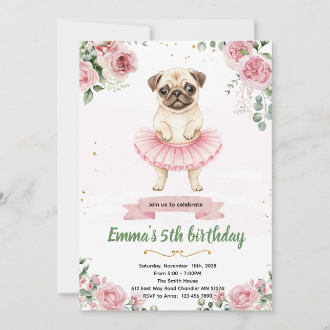 Convite de Aniversário de Pug Bailarina (Frente)