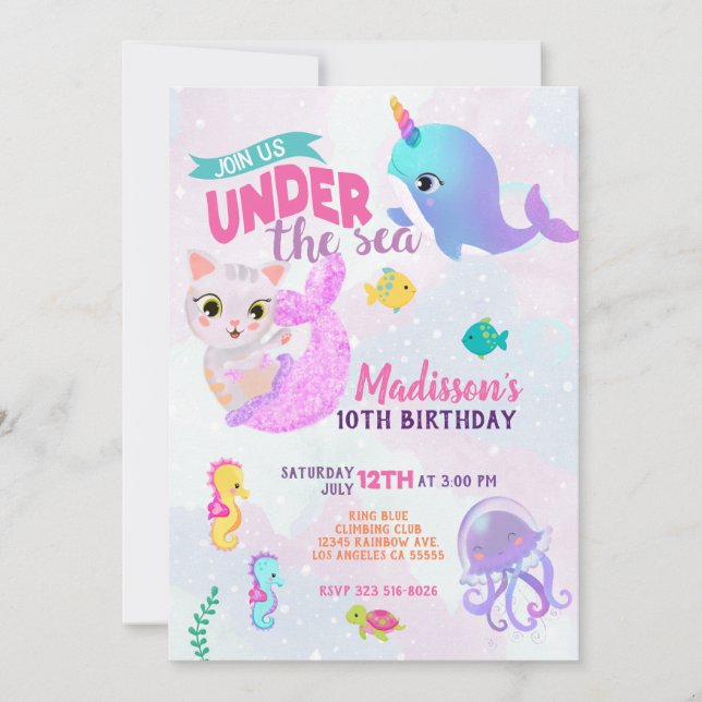 Convite de Aniversário de Purrmaids Gato Sereia Na (Frente)