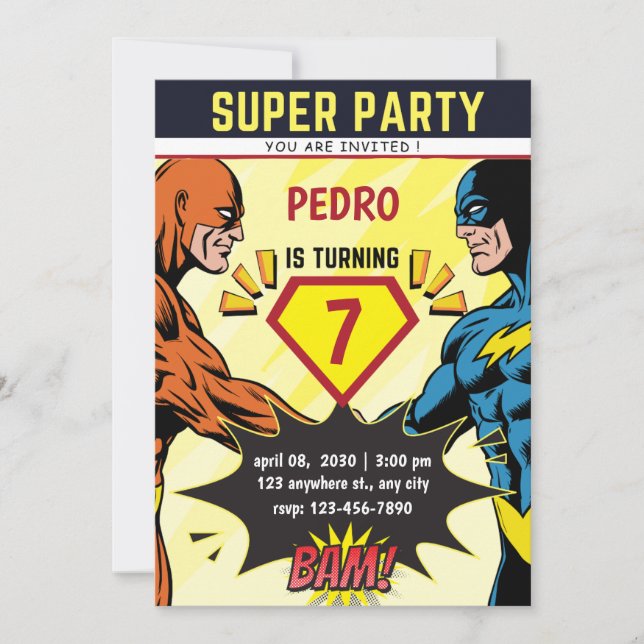 Convite de Aniversário de Quadrinhos de Super-Heró (Frente)
