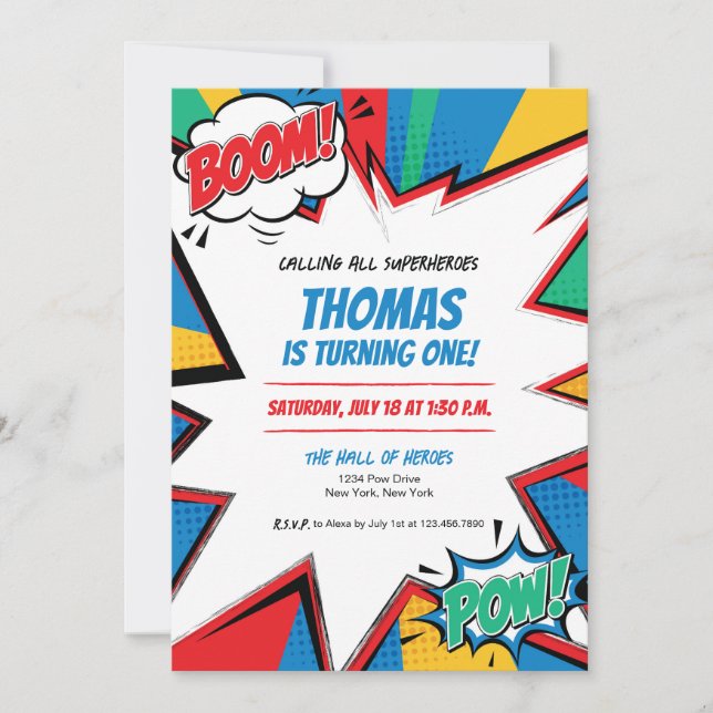 Convite de Aniversário de Quadrinhos de Super-Heró (Frente)