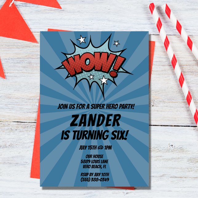 Convite de aniversário de quadrinhos super-herói (Superhero Comic Boy Birthday Party Invitation)
