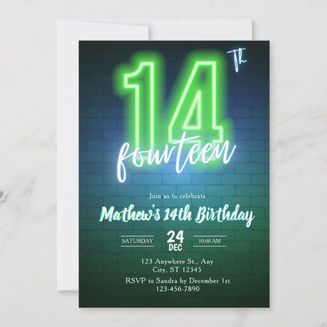 Convite de aniversário de quatorze anos Neon (Frente)