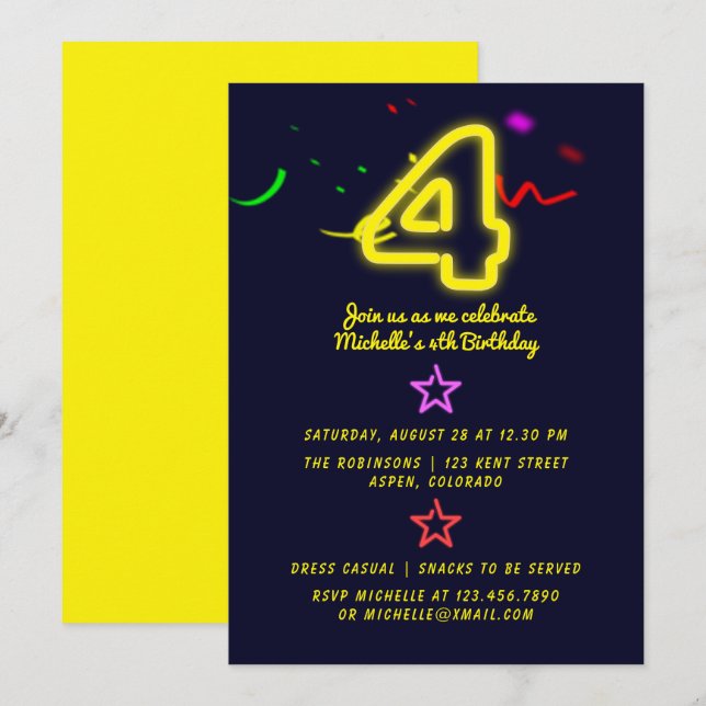 Convite de Aniversário de Quatro Anos com Letreiro (Frente/Verso)