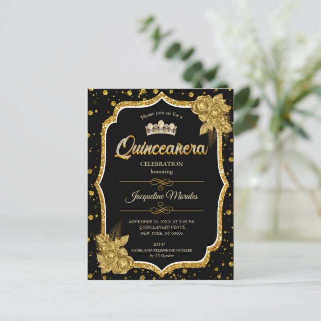 Convite de Aniversário de Quinceañera Dourado e Pr (Em pé/Frente)