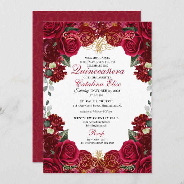 Convite de Aniversário de Quinceanera Floral Verme (Frente/Verso)
