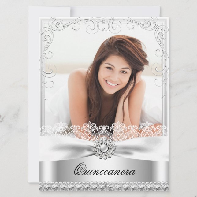 Convite de Aniversário de Quinceanera Silver Bow & (Frente)