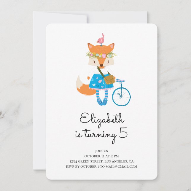 Convite de aniversário de Raposa. Garota bebê. Ani (Frente)