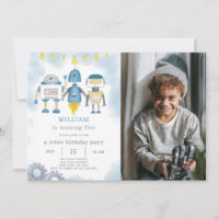 Convite De Aniversário De Robô Azul Com Foto