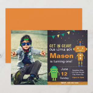 Convite de aniversário de robô laranja com foto